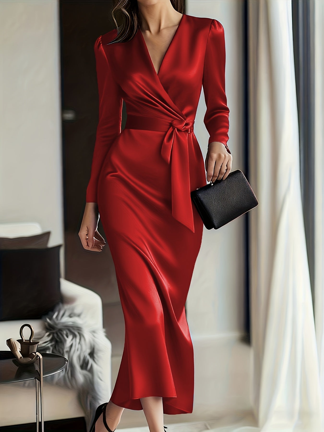 Elene | Solid Color Satin Long Sleeve Dress