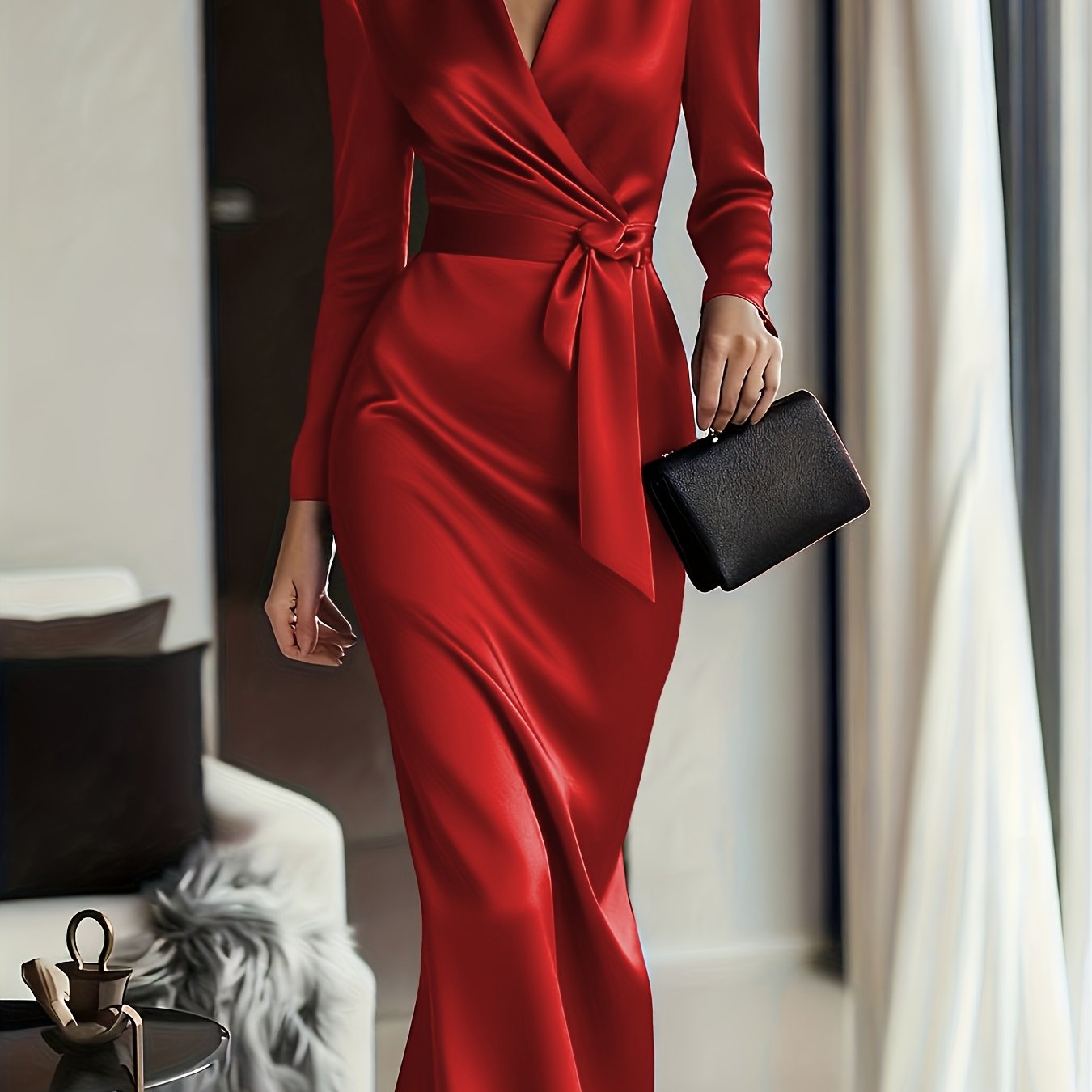 Elene | Solid Color Satin Long Sleeve Dress