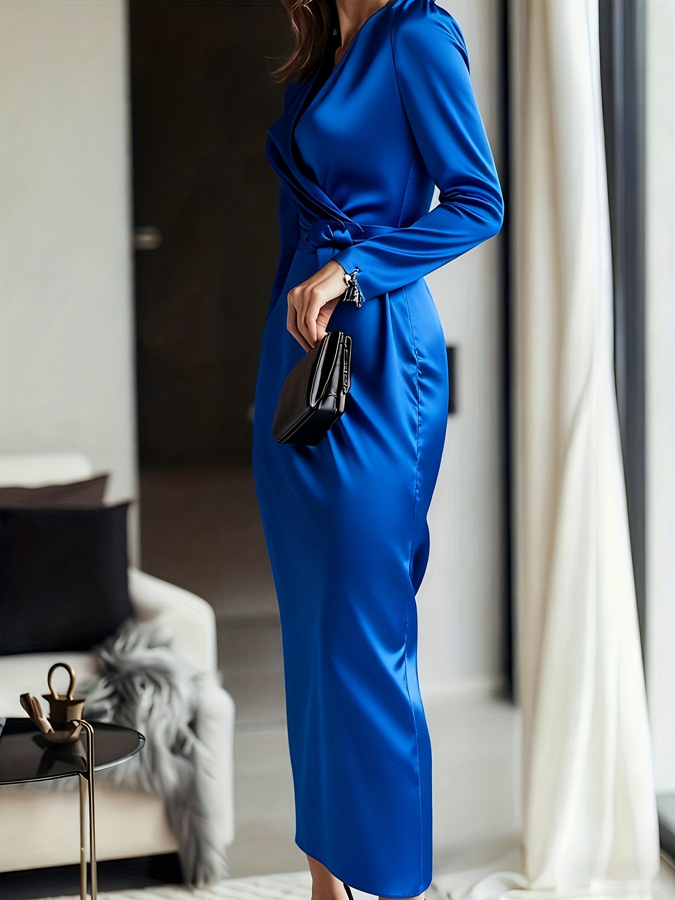 Elene | Solid Color Satin Long Sleeve Dress