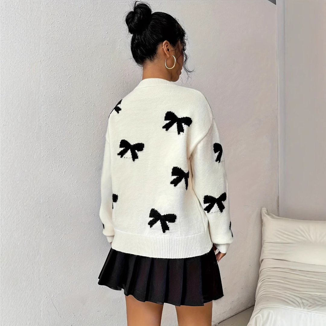 HATA™ - Comfy Bow Print Pullover Sweater