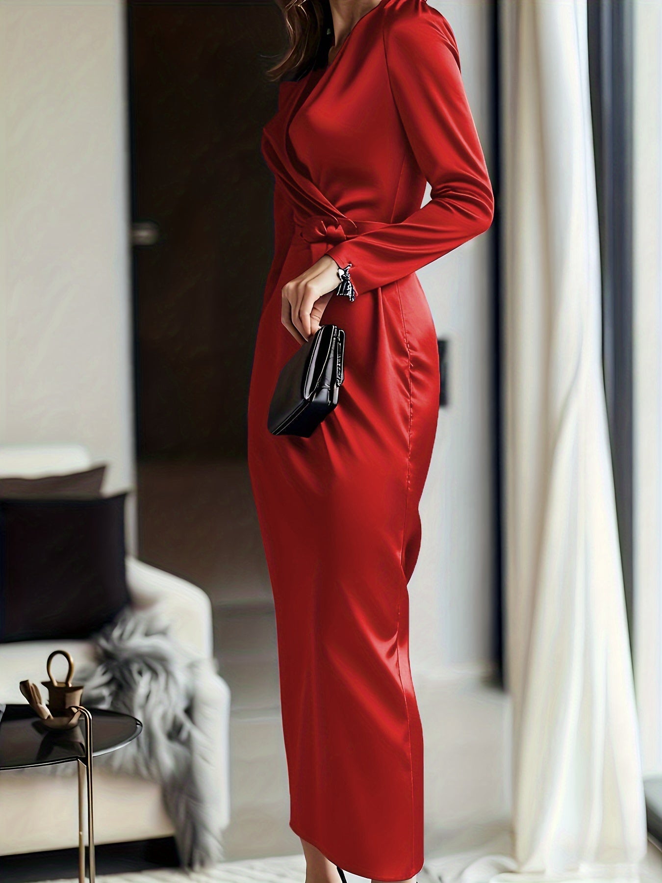Elene | Solid Color Satin Long Sleeve Dress